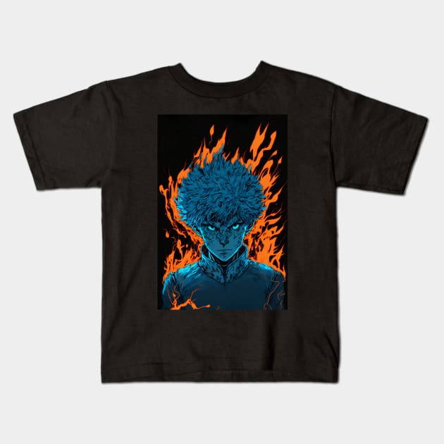 Anime Boy Blue Fire Powerup Kids T-Shirt by Bubblebug